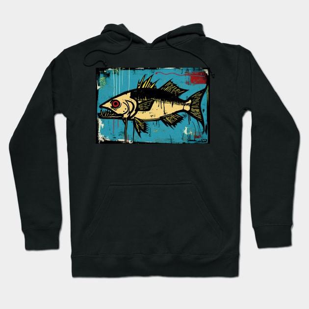 Largemouth Bass in Yellow and Blue Neo-Expressionist Painting Hoodie by Walter WhatsHisFace